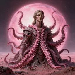 surreal portrait of abandoned ribbed wreck covered with spinal spiky pink tentacles, in wastelands on pink exoplanet, iredescent soft glow bloom effect, dream - like, baroque portrait painting, perfect composition, beautiful detailed intricate octane render, artstation, 8 k, photorealistic, volumetric cinematic light, chiaroscuro, masterpiece, raphael, caravaggio, beksinski, giger