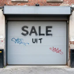 an estate agent photo of a garage for sale, graffiti, run down, inner city