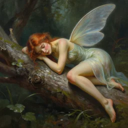 a tired fairy rests on a log, detailed matte fantasy painting, cinematic lighting, deviantart artstation, by greg rutkowski, by peter mohrbacher, by lisa frank, by ferdinand knab
