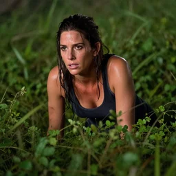sweating Sandra Bullock sneaking through underbrush created by WLOP