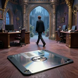 a man walks from a fantasy castle room into a 1 9 8 0 s office. the floor is a chrome colored floppy disc. in the style of andy zito
