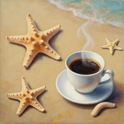 an impressive painting of starfish and coffee