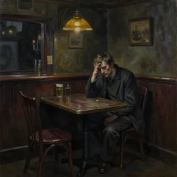 dark oil realistic painting a gaunt man sits alone at a table in a depressing gloomy irish bar