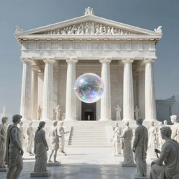 simplicity, sci fi white greek temple, a holographic iridescent luminescent single sphere floating, marble sculptures of a crowd people surrounding, by moebius, by simon stalenhag, by andrew jones, ethereal, cinematic, 8 k, volumetric lighting,