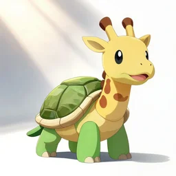 illustration of a cartoon monster that looks like a turtle-giraffe chimera. In the style of Pokémon, on a white background.