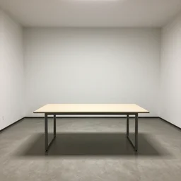 A 10ft by 10ft room empty except for a table in the middle, table is centered, lengthwise view of table.