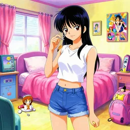 highly detailed colorful illustration of a teenager in her room in the 9 0's, very detailed, clean shaped illustration by kim jung gi, ron english and eiichiro oda