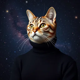 a bust portrait of a cat intellectual in a black turtleneck pullover in front of a galaxy wallpaper, photography, cosmos by carl sagan