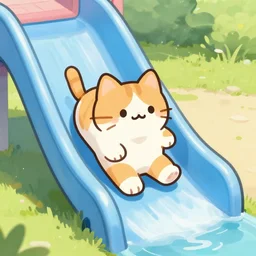 a cute cat sliding down a water slide, digital art by Kawacy