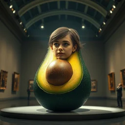 emma watson's head on top of a huge avocado in a museum under spotlight, pentax k 1 0 0 0, ray tracing, professional photomanipulation, fully detailed, dalle 2 style
