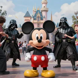 Mickey Mouse as Darth Vader terrorizing people at Disneyland, photo taken with an iPhone 12 Pro