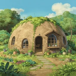 beautiful overgrown modern Earthship home made from clay cob with permaculture garden, in the style of studio ghibli