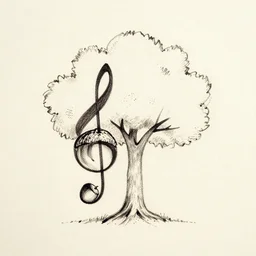 a single line of ink art of an acorn that turns into a tree in the shape of a treble clef with a bit of shading, rustic and very simple