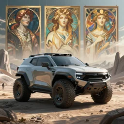 a futuristic offroad suv by artgerm and greg rutkowski and alphonse mucha, zaha hadid, an epic fantasy, volumetric light, detailed, trending on art station, octane render, shadow of the tomb rider