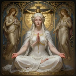 a full body portrait of a beautiful ethereal delicate nordic mage queen meditative sacral pose catholic stages of the cross, intricate, elegant, highly detailed, digital painting, artstation, concept art, smooth, sharp focus, illustration, art by krenz cushart and artem demura and alphonse mucha