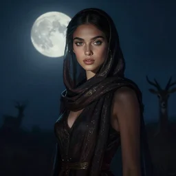 dreamy detailed portrait in mysterious femininity, ethnic, clear eyes, statuesque, gazelle - like, confident realistic face, radiant skin, dark gown and scarf, svelte fashion design, bathed in moonlight, chiaroscuro, impressionism, midnight, natural color scheme, silhouette, glint highlights, deep rich hues, illustration