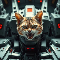 a centered symmetric view movie scene of a angry cat in a command center of mecha, ultra realistic, detailed