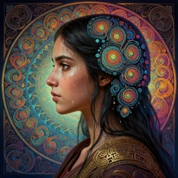 Sorcerer, Maya Ali, side profile portrait, sweat drops, fibonacci fractals, insane, chromatic, intricate, highly detailed, digital painting, artstation, concept art, smooth, sharp focus, illustration, Unreal Engine 5, 8K, art by artgerm and greg rutkowski and alphonse mucha