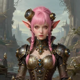 portrait shot of steampunk girl pink hear in a scenic dystopian environment, intricate, elegant, highly detailed, centered, digital painting, artstation, concept art, smooth, sharp focus, illustration, artgerm, tomasz alen kopera, peter mohrbacher, donato giancola, joseph christian leyendecker, wlop, boris vallejo
