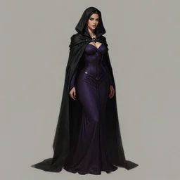 Fantasy portrait, Necromancer, female, beautiful face, dark garments, dark pruple robes, midriff, Black cloak from neck to ankles, pin-up, shapely derriere, matte painting, by WLOP, artstation