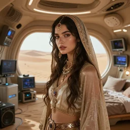 beautiful desert nomad girl inside award - winning interior of futuristic bedroom cluttered with electronics, close up, wadim kashin, simon stalenhag, xf iq 4, f / 1. 4, iso 2 0 0, 1 / 1 6 0 s, trending on artstation, octane render, cinematic, elegant, intricate, 4 k, volumetric lighting, confident
