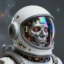 biomechanical head inside a futuristic space helmet by Roberto Ferri, vintage transistors, white plastic, iridescent visor, nebulous gas background. intricate artwork by Tooth Wu and wlop and artgerm and ruan jia and greg rutkowski, octane render, cinematic, hyper realism, 8k, depth of field, bokeh, vibrant