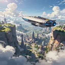 An epic fantasy anime style landscape painting of a fantasy airship flying through the clouds towards a city built within a chasm, unreal 5, DAZ, hyperrealistic, octane render, dynamic lighting, vibrant
