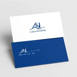 a business card with logo for a real estate agent, blue and white color scheme, name of the company is casa hunting