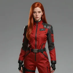 portrait of a woman by greg rutkowski and artgerm, she is about 2 0 years old, redhead, long straight hair, beautiful oval face, very tall and slender, wearing red and black utilitarian jumpsuit, older sister vibes, highly detailed portrait, scifi, digital painting, artstation, concept art, smooth, sharp foccus ilustration, artstation hq.