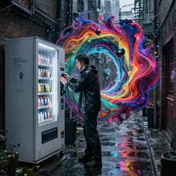 a drenched man in a rainy alleyway at a vending machine opens an alien portal into another dimension, vivid caustics into another universe, realistic photography, beautiful interior, hyperrealism, incredible, award - winning photography, by greg rutkowski, lovecraftian