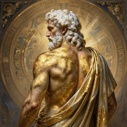 painted back portrait of rugged zeus greek god by greg rutkowski craig mullins artgerm alphonse mucha, messy gold body paint over back, white hair handsome muscular upper body mature warm flowing robe [ ancient greek motifs ] background fantasy intricate elegant detailed digital painting concept art artstation sharp focus illustration