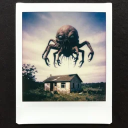 A small and extremely abandoned lone house with a giant grotesque and scary parasite monster floating above it. Grotesque. Scary. Old photo. Polaroid.