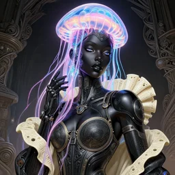 portrait of an absurdly beautiful, graceful, sophisticated, fashionable african cyberpunk mechanoid gravure idol, ultrafine hyperdetailed illustration by irakli nadar, matt wisniewski style, marvel comics, intricate linework, black porcelain skin, neon jellyfish headdress, ivory carved ruff, unreal engine 5 highly rendered, global illumination, radiant light, detailed and intricate environment