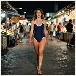 color outdoor photograph portrait of a woman in swimsuit walking on the market districts, night, summer, dramatic lighting, 1 9 9 0 photo from live magazine.