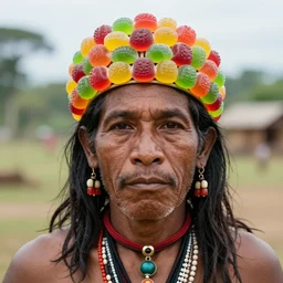 National Geographic photo portrait of a local tribesman, who wears a crown made of gummy candy, high quality, 4k