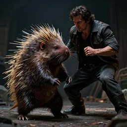 a super powered porcupine fighting a bad guy, dramatic lighting, cinematic, establishing shot, extremely high detail, photo realistic, cinematic lighting, post processed, concept art, artstation, matte painting, style by eddie mendoza, raphael lacoste, alex ross