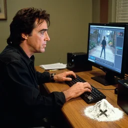 al pacino as scarface playing video games at his desk, with a mountain of cocaine nearby