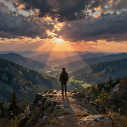 a wanderer looking down from the peak of a mountain, distant valley, trees, sunset, dramatic light, oil painting, by caspar david friedrich
