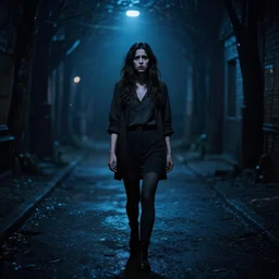 50mm f1.8 panoramic photo of a confused woman walking inside a sinister liminal space, uncanny, megalophobia, Bokeh, Graflex, Blue lights