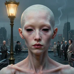 closeup portrait of eyeless cyborg albino mandarin with thin, stained lips and smoking eye sockets standing under rococo lamp on rooftop overlooking the city, science fiction concept art by j. c. leyendecker, greg rutkowski, beksinski, deak ferrand, anato finnstark, yoshitaka amano, and rembrandt