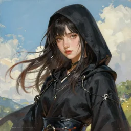 A painting of a very beautiful girl wearing a black hooded robe, posing, character design by Mark Ryden and Pixar, unreal 5, DAZ, wylops, hyperrealistic, octane render, cosplay, RPG portrait, dynamic lighting, intricate detail, summer vibrancy, cinematic
