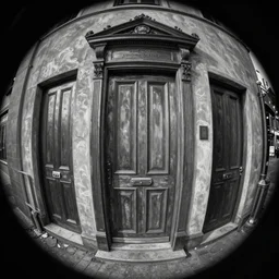 the city of doors,in the style of Robert McCall and Liz Danforth,trending on artstation, expensive lighting fish eye,creature concept art,black and white,oil and canvas ,in the silver hour,hyperrealism,