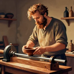 bearded man turns bowl using woodlathe, lathe, machinery, vector art