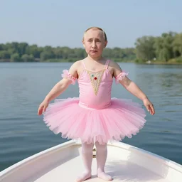 ( putin as old gregg ) wearing a pink tutu, on a boat on a lake