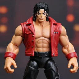 stoic michael jackson oversized muscular hulked powerlifter by neca!!! pretty! beautiful! shirtless muscular black pants red leather thriller jacket very detailed realistic action figure by neca!!. macro face very close!! shot face shot head shot. in the style of tekken 5, character from mortal kombat, film still, bokehs