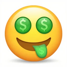 an emoji of a yellow smiley face with the eyes becoming green circles with dollar signs, and the smiley face is sticking its tongue out with the tongue being green too and has a dollar sign too, apple emoji
