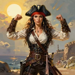 fully clothed armed female pirate captain. sun, summer, strength, knowledge, smart, portrait, symmetrical, highly detailed, digital painting, artstation, smooth, sharp focus, illustration, strength, art by artgerm and alphonse mucha and louis theophile hingre. 8 k