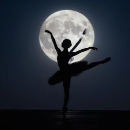 a single silhouette dancing, ballet spin, in the moonlight