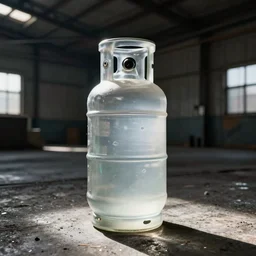 an award - winning photo of a translucent glass vodka bottle in the shape and style of a propane cylinder in a grungy warehouse, dramatic lighting, sigma 2 4 mm, wide angle lens, ƒ / 8, are. na