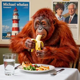 rendering lunch of red orangutan shaking lighthouse as banana, holding in hand, white tablecloth, glass tableware, travel poster artwork by michael whelan and tomer hanuka, high contrast, full of details, by makoto shinkai and thomas kinkade, matte painting, trending on artstation and unreal engine